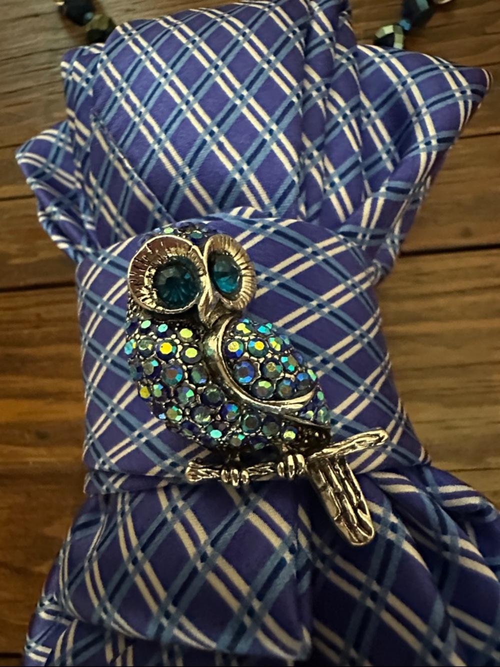 Blue Plaid  Silk Statement Necktie Necklace with Owl Brooch